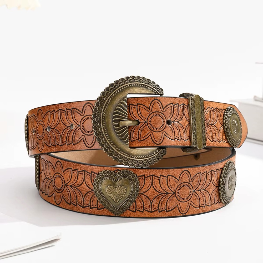 Floral Tooled Leather Belt with Antique Brass Accents